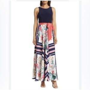ELIZA J Twofer Floral Stripe Scarf Print Maxi Skirt Dress Keyhole Navy Size 4